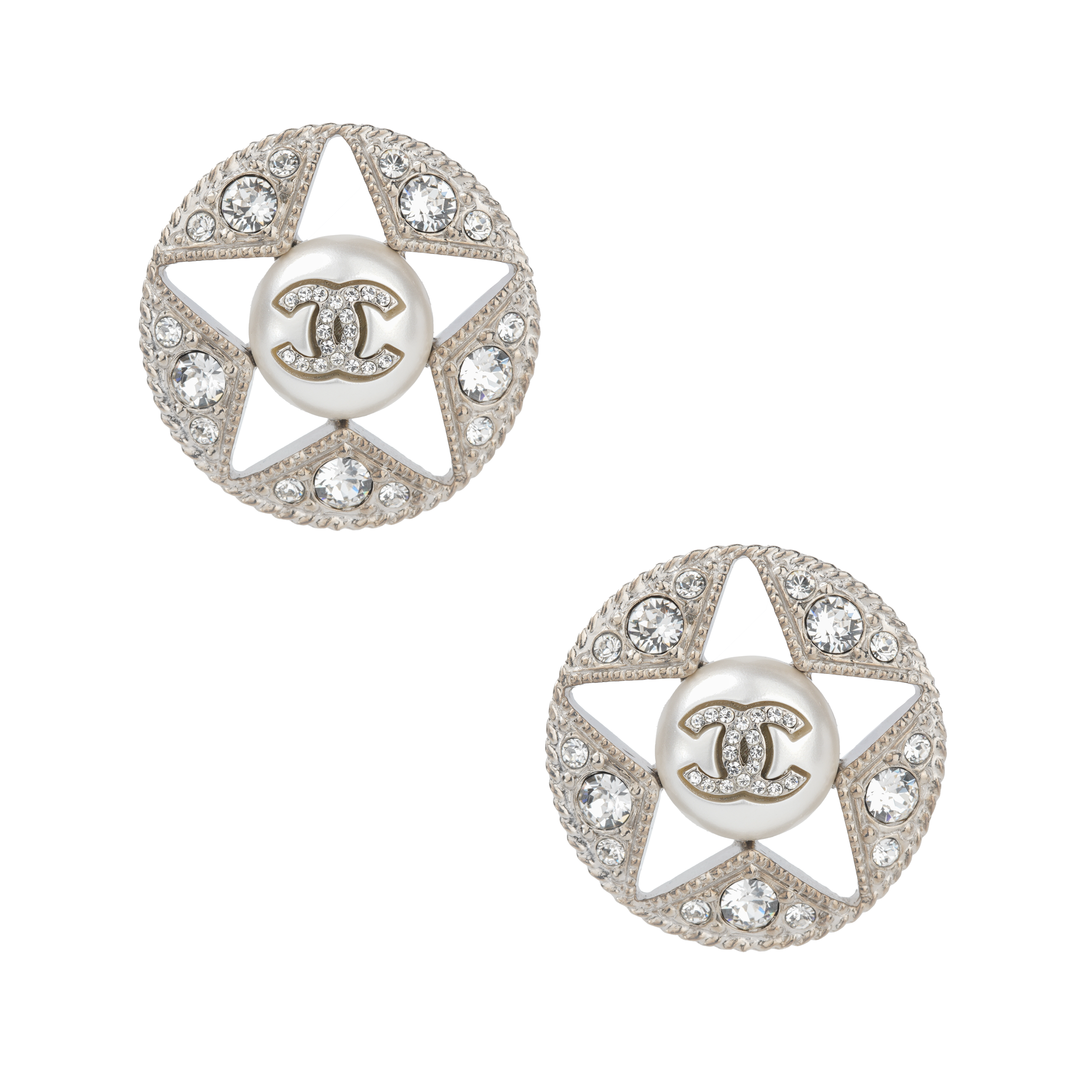 (Women) CHANEL  Classic Double C Logo Star Hollow Pearl Stud Earrings Silver AB7352-B06966-NF805