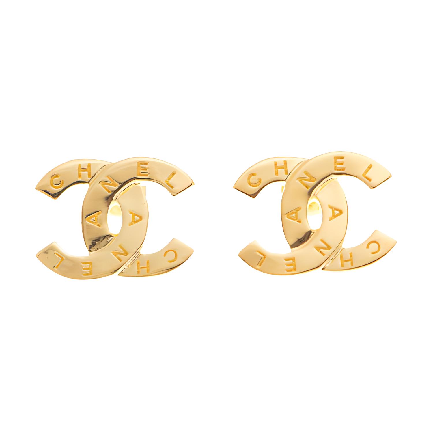 (Women) CHANEL  Gold Logo Metal Stud Earrings. AB4451GP
