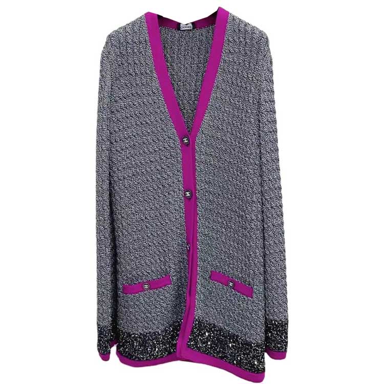 (Women) CHANEL  Grey V-Neck Striped Trim Long Sleeve Knit Sweater Casual Wear P71579-K10300-NF659