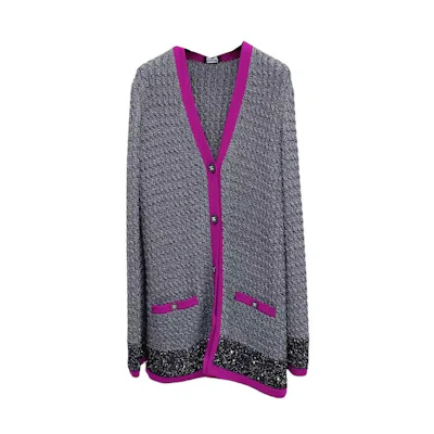 (Women) CHANEL Grey V-Neck Striped Trim Long Sleeve Knit Sweater Casual Wear P71579-K10300-NF659