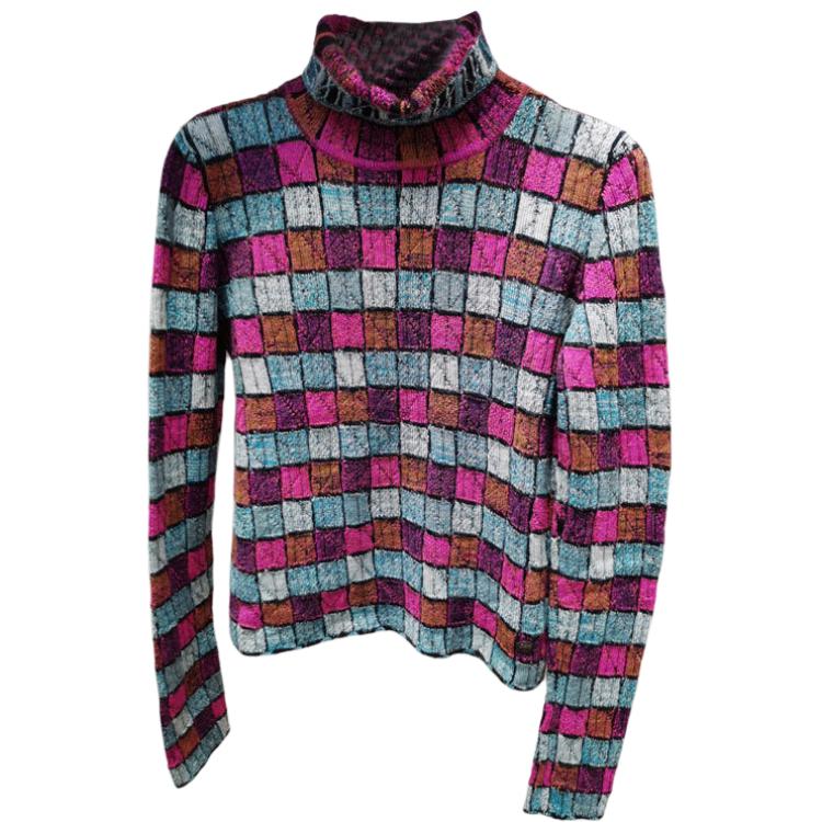 (Women) CHANEL  Multicolor Plaid Printed High-Neck Long-Sleeve Knit Sweater. P59231-K07769-ME923