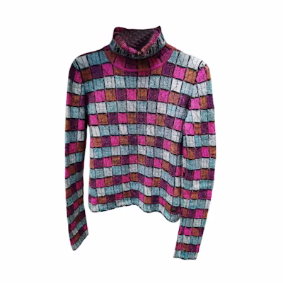 (Women) CHANEL Multicolor Plaid Printed High-Neck Long-Sleeve Knit Sweater. P59231-K07769-ME923