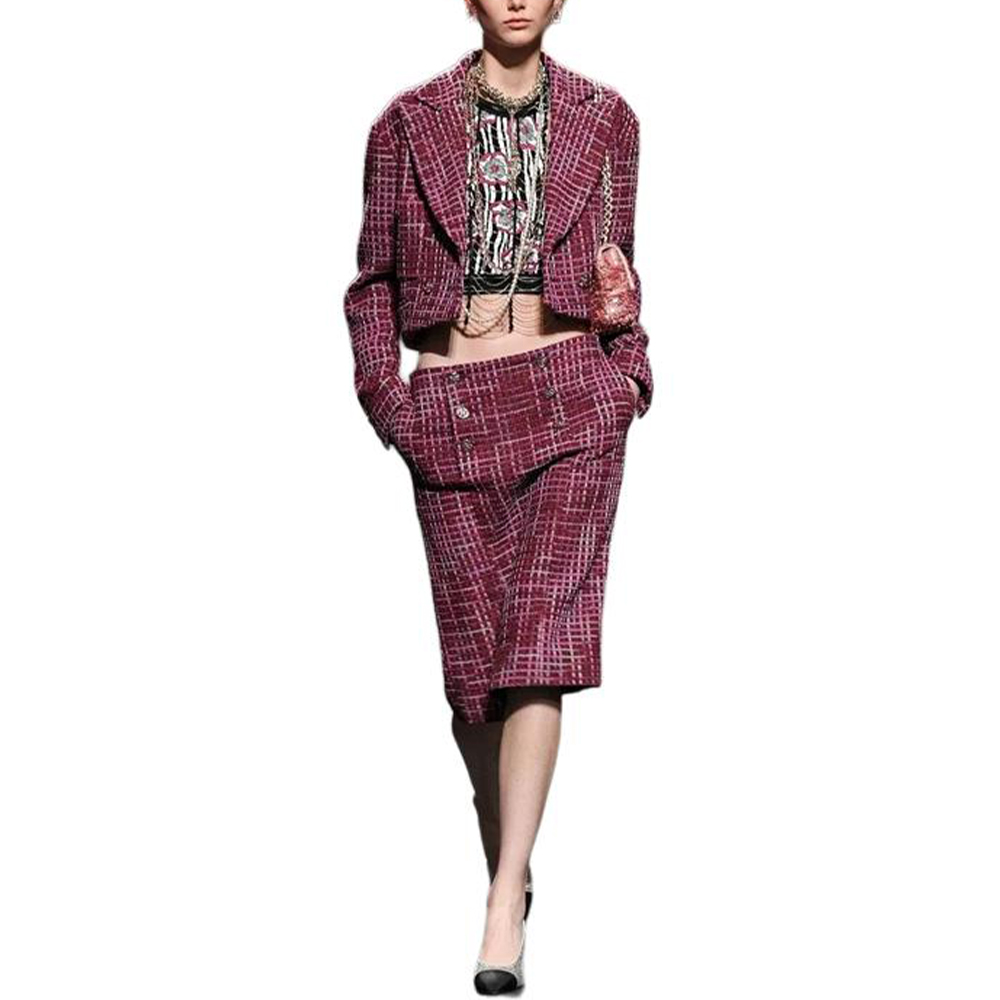 (Women) CHANEL  Purple Checkered Single-Breasted Cropped Long Sleeve Jacket. P74830-V66322-NN366