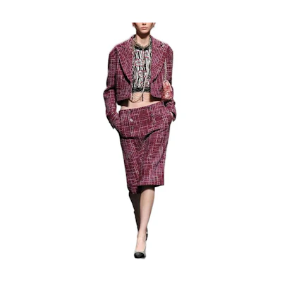 (Women) CHANEL Purple Checkered Single-Breasted Cropped Long Sleeve Jacket. P74830-V66322-NN366