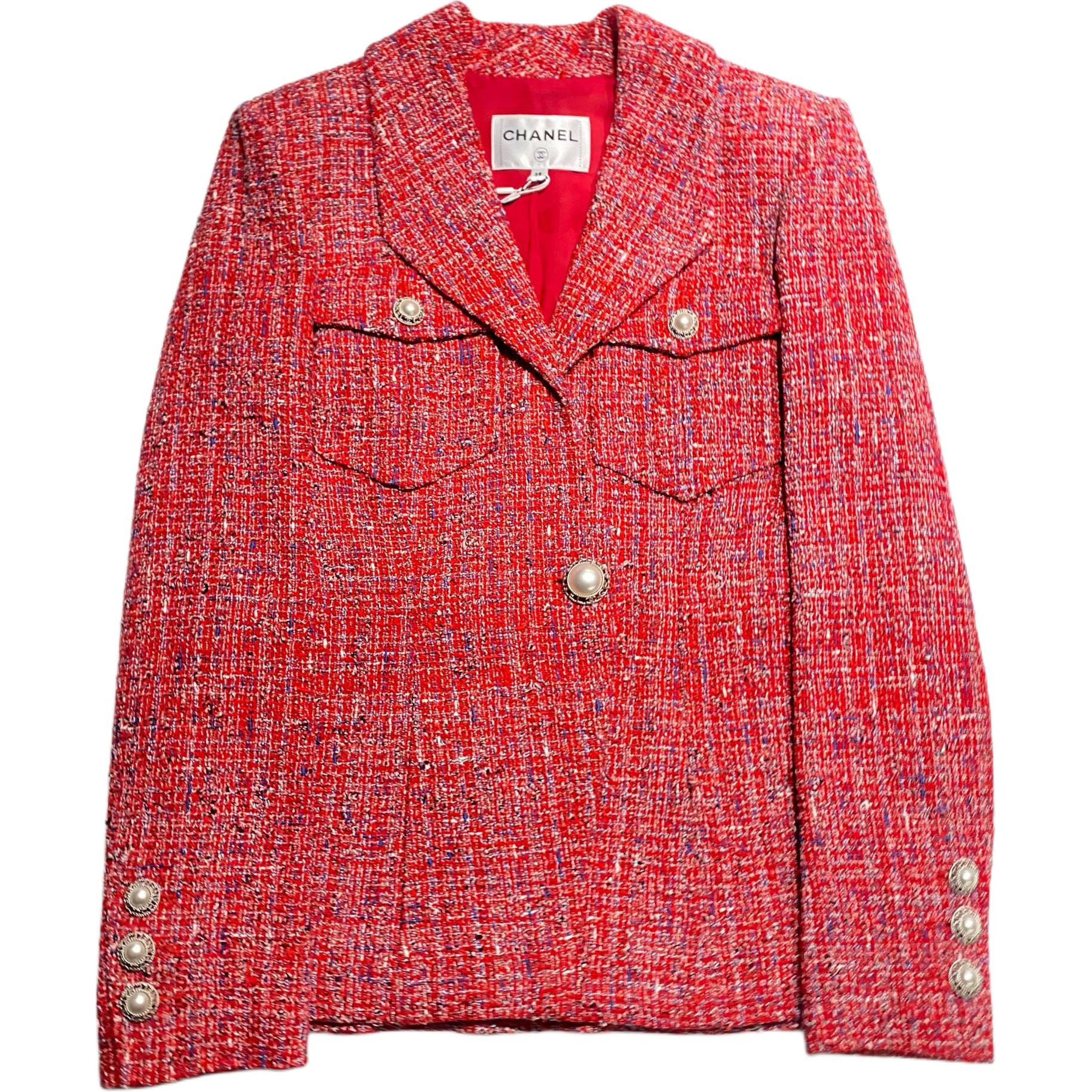 (Women) CHANEL  Red Tweed Jacket with Pearl Buttons 19P Collection. P60790-V46246-MF826