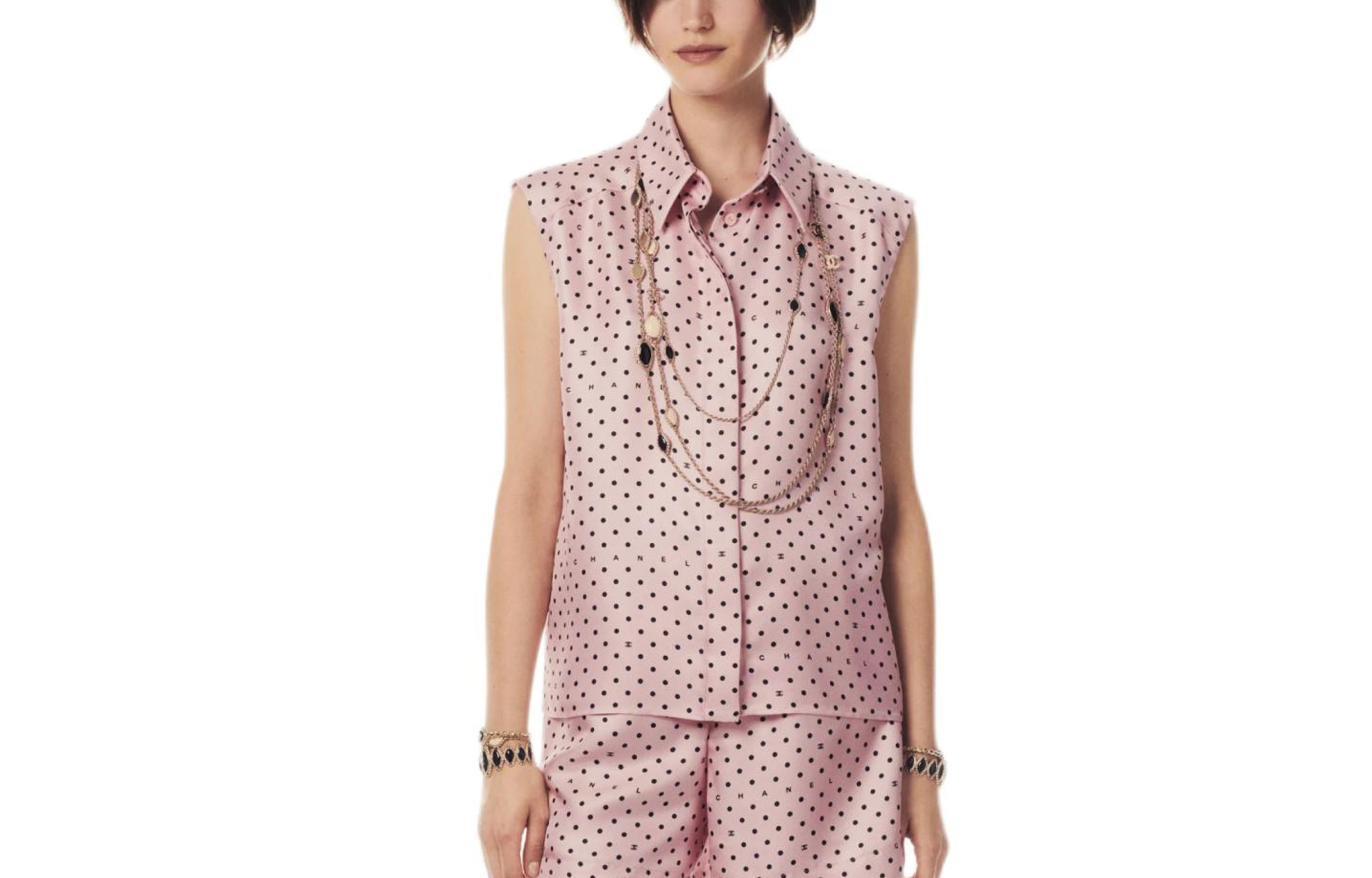 (Women) CHANEL  Sleeveless Square Neck Polka Dot Logo Shirt Light Pink SS24 P76701-V68667-NV045