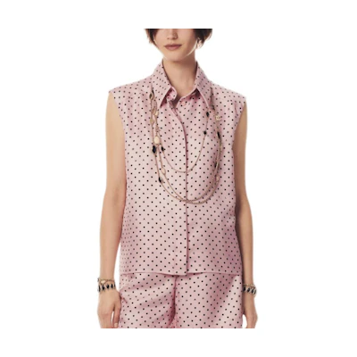 (Women) CHANEL Sleeveless Square Neck Polka Dot Logo Shirt Light Pink SS24 P76701-V68667-NV045