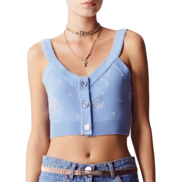 (Women) CHANEL  Spring 2023 Logo Print Hollow Button Tank Top Light Blue P74643-K10710-NM911