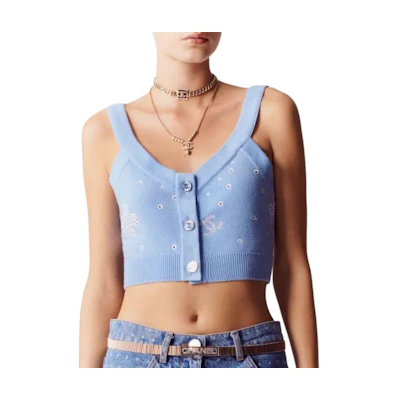 (Women) CHANEL Spring 2023 Logo Print Hollow Button Tank Top Light Blue P74643-K10710-NM911