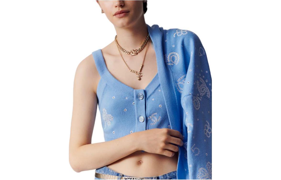 Order (W) シャネル スプリング2023 ロゴプリント ホローボタン タンクトップ ライトブルー P74643-K10710-NM911