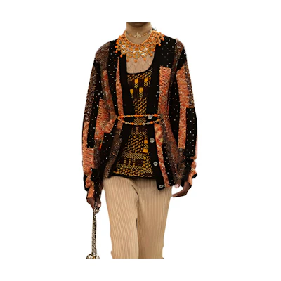(Women) CHANEL Spring Summer 2023 Orange Knit Sweater with Print Rhinestone V-neck P75422-K10828-NP341