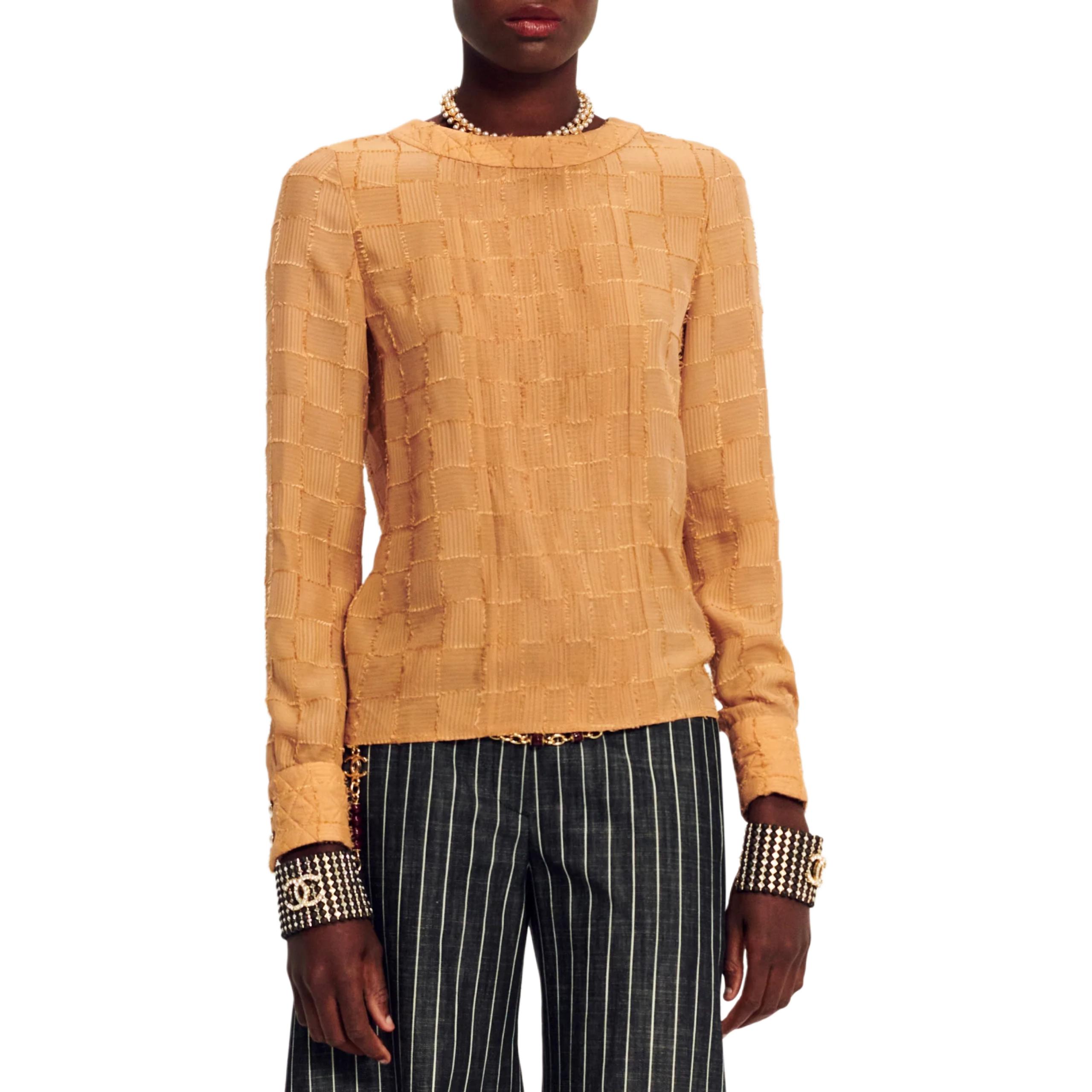 (Women) CHANEL  Spring Summer Orange Plaid Print Long Sleeve Pullover T-Shirt P75148-V66866-NO225