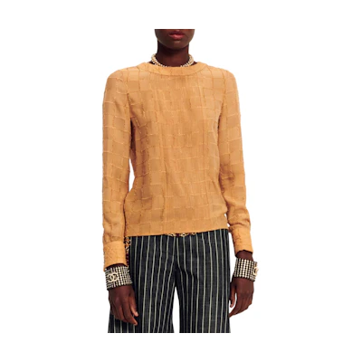 (Women) CHANEL Spring Summer Orange Plaid Print Long Sleeve Pullover T-Shirt P75148-V66866-NO225