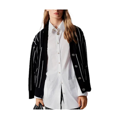 (Women) CHANEL Striped V-Neck Cardigan Black - 23 Spring/Summer Collection. P74735-K10714-NM966