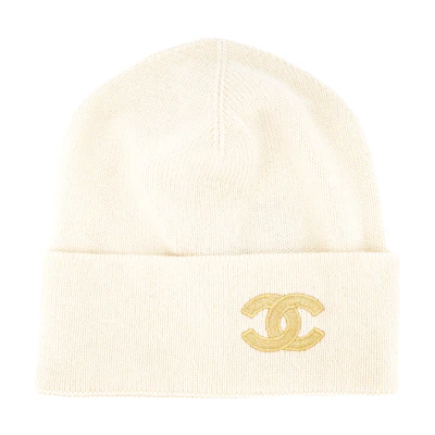 (Women) CHANEL Stylish Embroidered Logo Cashmere Knit Beanie Hat. AA8310B0845310800
