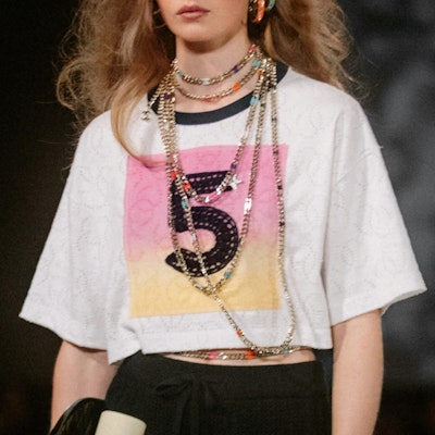 (Women) CHANEL White Graphic Print Short-Sleeve Oversized T-Shirt SS24. P76438-K11016-NU552 Lookbook (Women) CHANEL White Graphic Print Short-Sleeve Oversized T-Shirt SS24. P76438-K11016-NU552