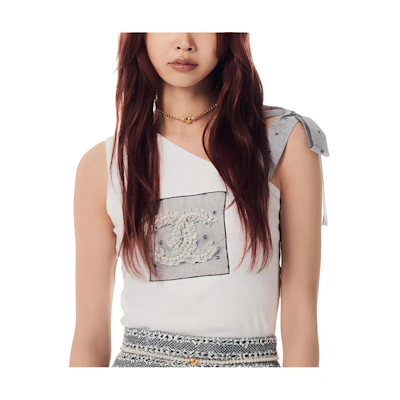(Women) CHANEL White Logo Embroidered Off-Shoulder T-Shirt SS24. P76763-V64779-00100