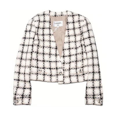 (Women) CHANEL White V-Neck Tweed Knit Cardigan Long Sleeve Crop Top. P62411V47773-MG998