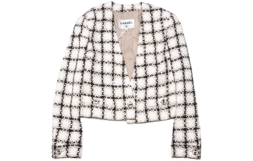 Order (W) 香奈儿白色V领粗花呢针织开衫长袖短款上衣. P62411V47773-MG998