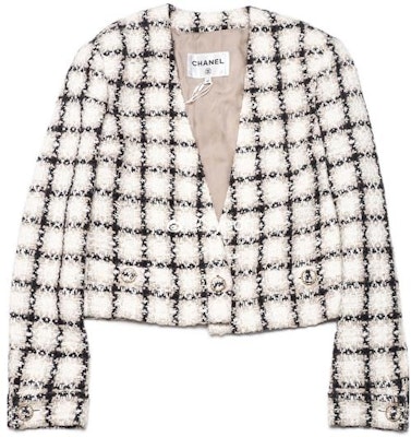 (Women) CHANEL White V-Neck Tweed Knit Cardigan Long Sleeve Crop Top. P62411V47773-MG998 Order (Women) CHANEL White V-Neck Tweed Knit Cardigan Long Sleeve Crop Top. P62411V47773-MG998