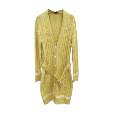(Women) CHANEL Yellow Striped V-Neck Long Sleeve Cardigan Knitwear P72177-K10414-NH256
