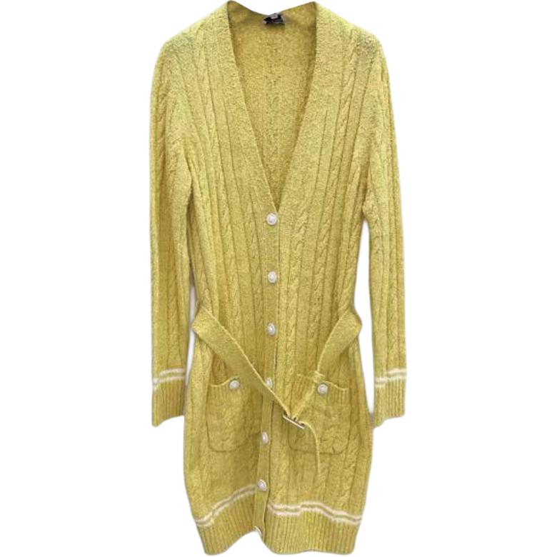 Order (W) CHANEL Cárdigan de Punto con Rayas Amarillas y Escote en V de Manga Larga P72177-K10414-NH256