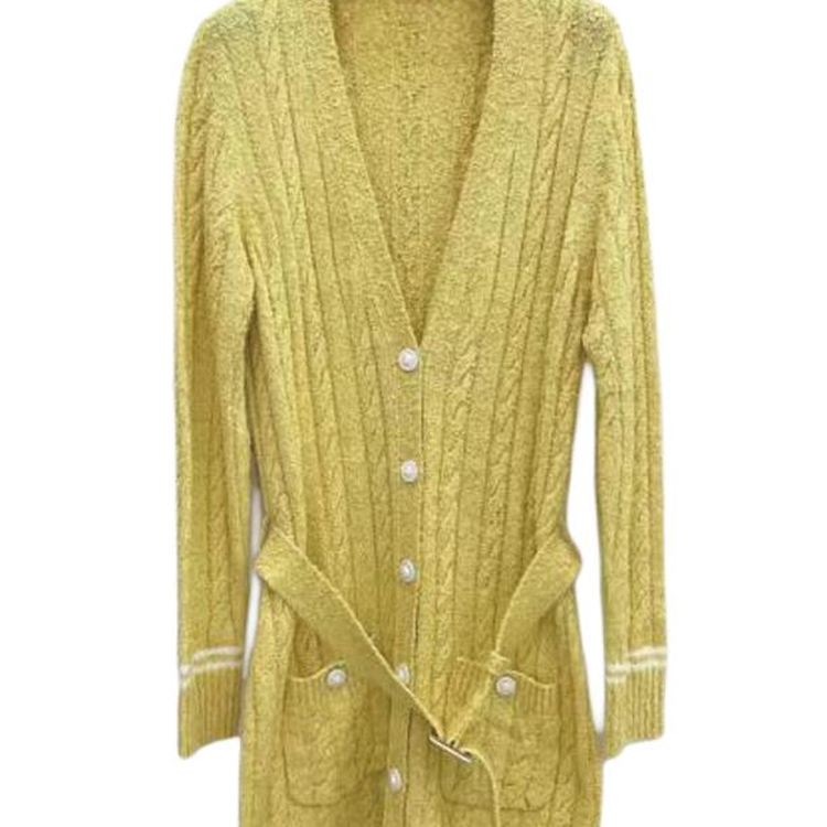 Shop (W) CHANEL Cárdigan de Punto con Rayas Amarillas y Escote en V de Manga Larga P72177-K10414-NH256