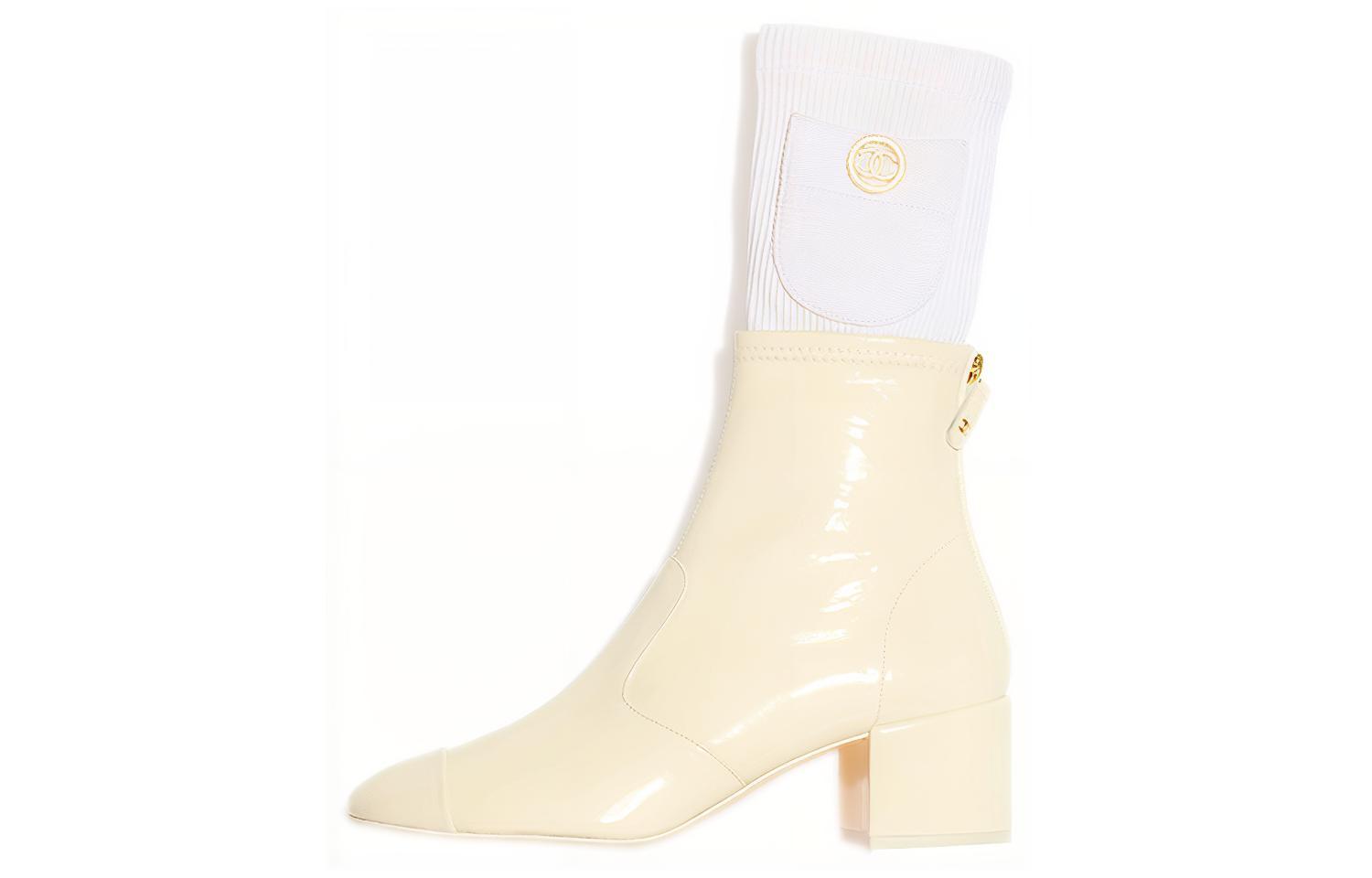 (W) Chanel Ankle Boot 'Ivory White Lambskin and Knit'