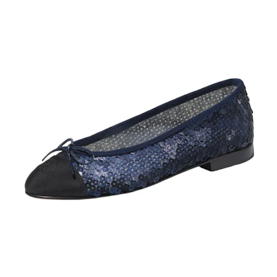 (W) Chanel Ballet Flats 'Blue Silk with Bow'