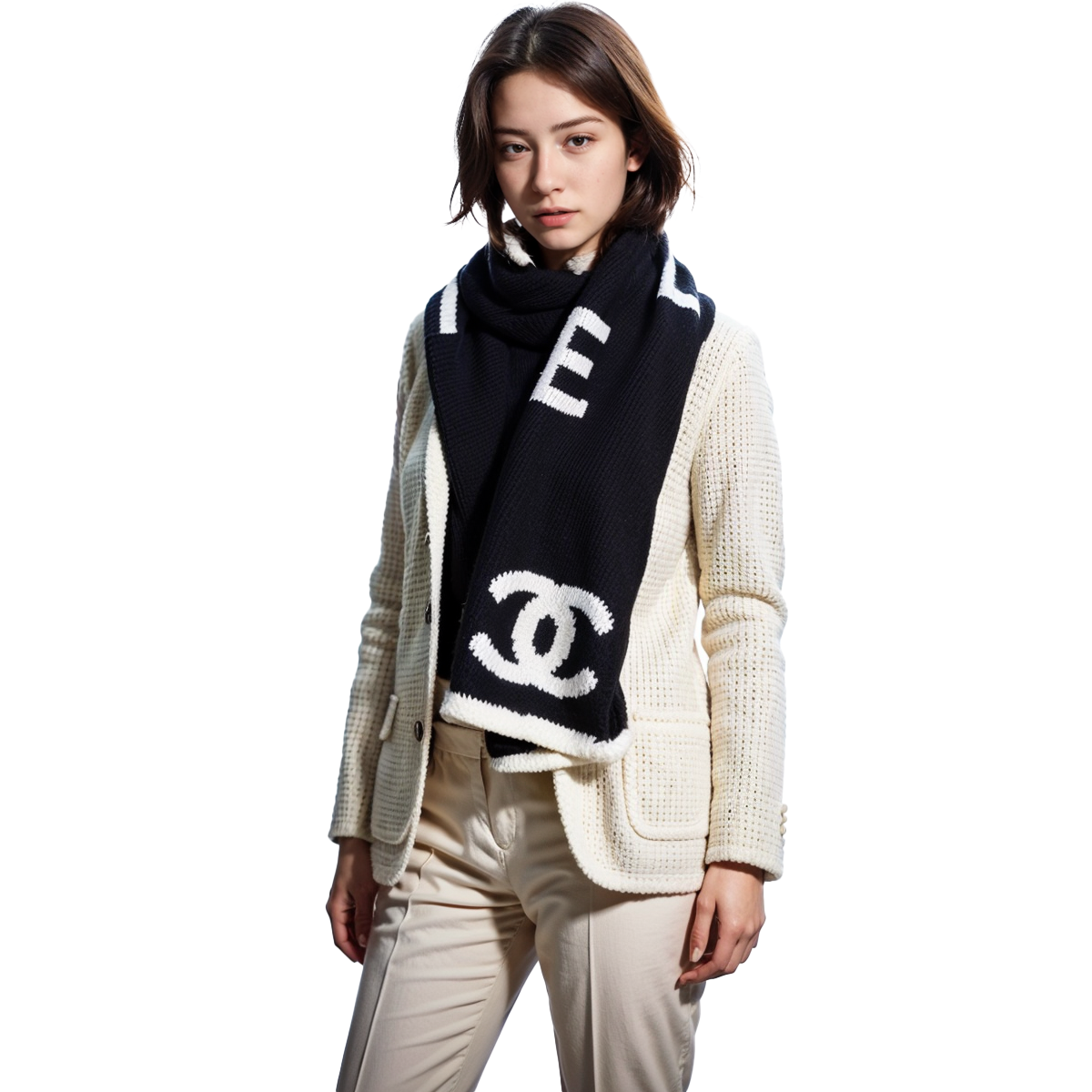 Sizing (W) シャネル ブラック＆ホワイト ウール スカーフ 大きなロゴデザイン付き AA7766-B06531-NE805