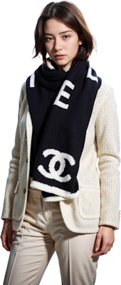 (W) シャネル ブラック&ホワイト ウール スカーフ 大きなロゴデザイン付き AA7766-B06531-NE805 Sizing (W) シャネル ブラック&ホワイト ウール スカーフ 大きなロゴデザイン付き AA7766-B06531-NE805