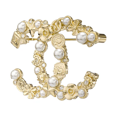 (Women) CHANEL Brooch Gold Double C Logo Perfume Bottle Clover Pearl Pin. AB2918-B07863-N5443