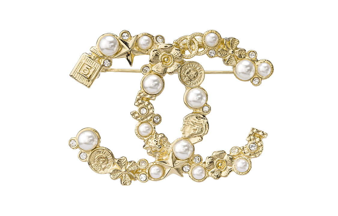 (Women) CHANEL Brooch Gold Double C Logo Perfume Bottle Clover Pearl  Pin. AB2918-B07863-N5443 圖 3