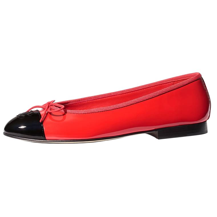 (W) Chanel Calfskin Patent Leather Flats 'Red Black'