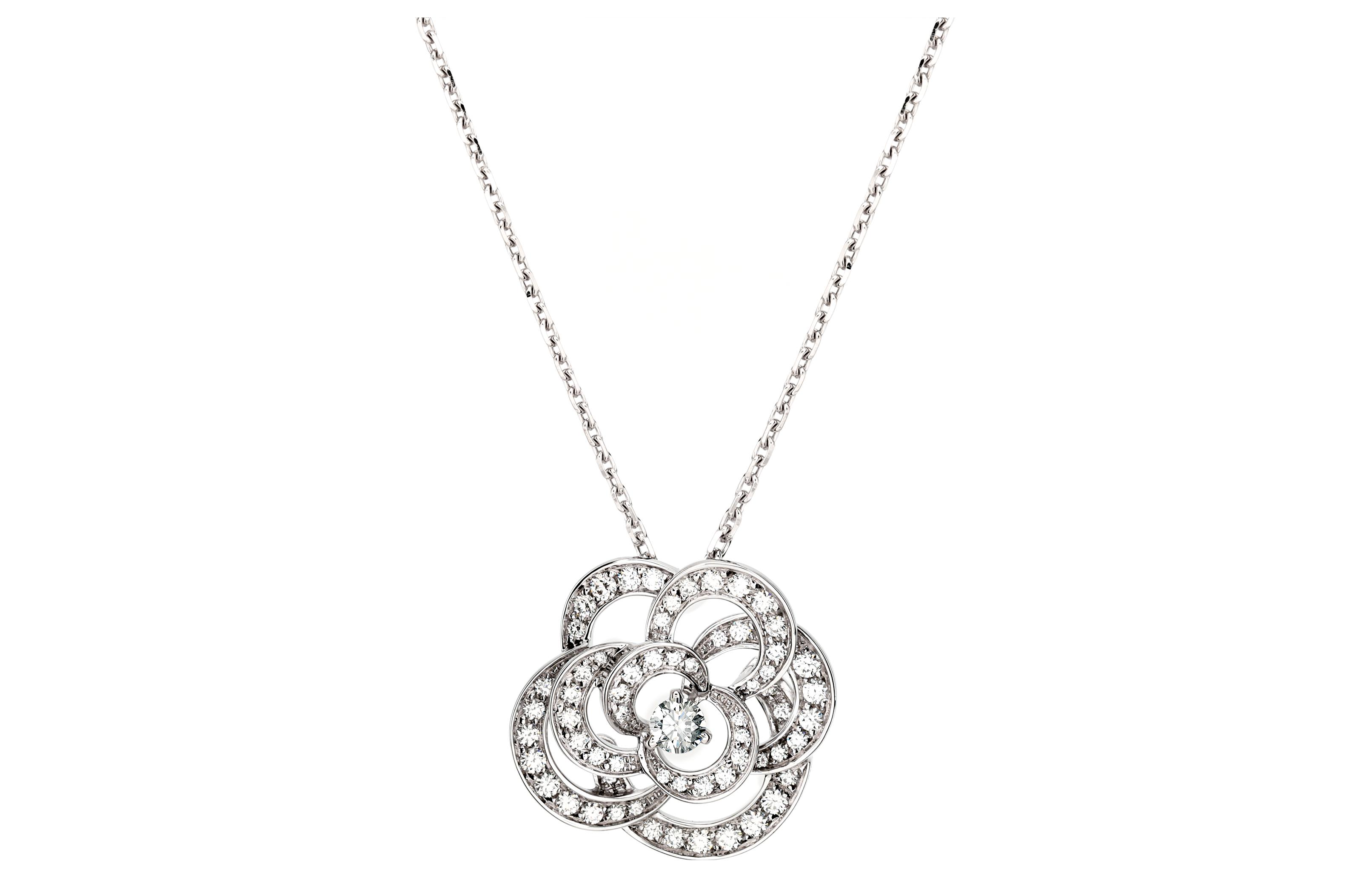 (Women) CHANEL Camelia Diamond Necklace 18K White Gold  Fine Jewelry. J2580
