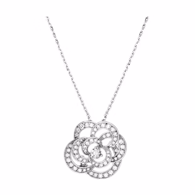 (Women) CHANEL Camelia Diamond Necklace 18K White Gold Fine Jewelry. J2580