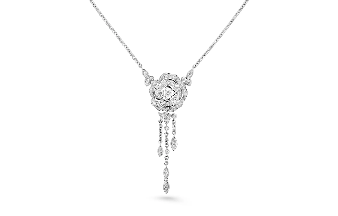 (Women) CHANEL Camellia Button 18K Gold Necklace Silver for Women. J12445