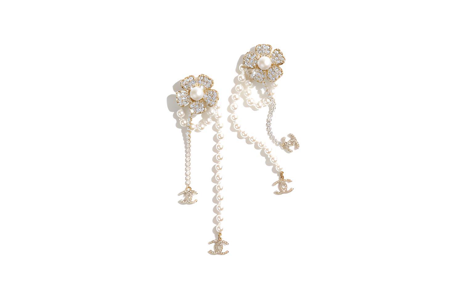(Women) Chanel Camellia Crystal Pearl Double C Pendant Clip Earrings Gold SS23 ABA578-B10750-NN572
