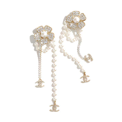 (Women) Chanel Camellia Crystal Pearl Double C Pendant Clip Earrings Gold SS23 ABA578-B10750-NN572