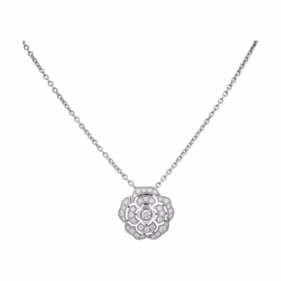 (Women) CHANEL Camellia Diamond Necklace 18K White Gold Classic Silver. J12071