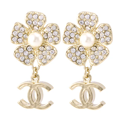 (Women) CHANEL Camellia Pearl Rhinestone Double C Gold Earrings for Women. ABA574-B10748-NN572