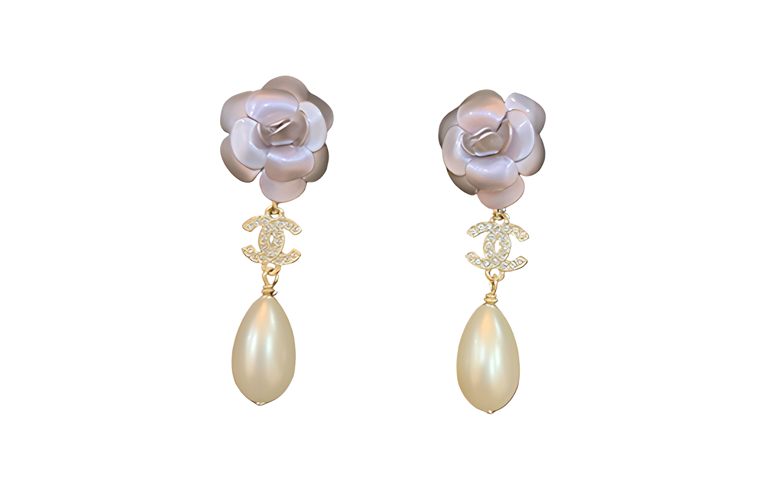 (Women) CHANEL Camellia Pearl Stud Earrings Beige Purple  Jewelry. ABA022-B09961-NL923