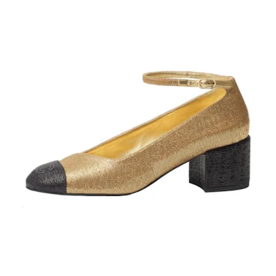 (W) Chanel Cap-Toe Buckle Block Heel Pumps 'Gold'