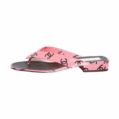 (W) Chanel CC 20mm Heeled Thong Sandal Pink Leather