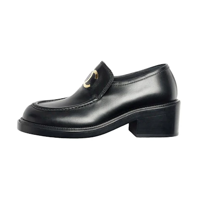 (W) Chanel CC 55mm Loafers Black Shiny Calfskin