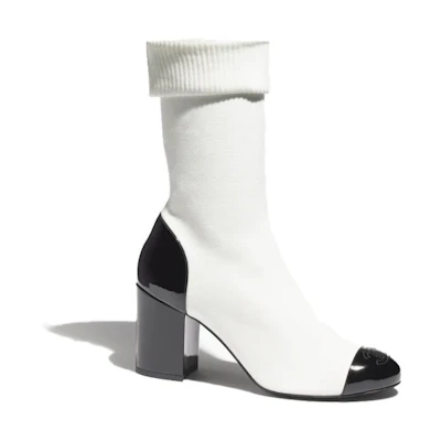 (W) Chanel CC 80mm Ankle Boots White Black Knit