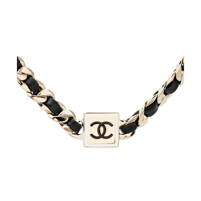 (Women) CHANEL CC Logo Charm Choker Leather Necklace Women Black/Gold. AB6771-B06482-NE777