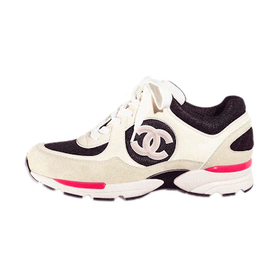 (W) Chanel CC Logo Trainer Ivory Black Beige