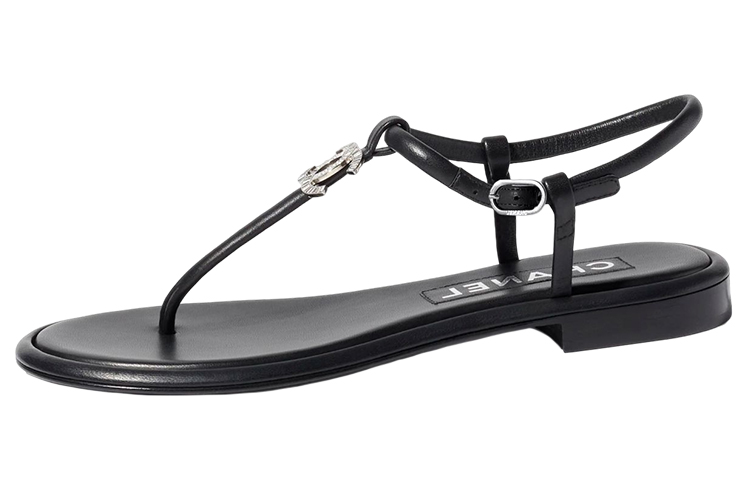 (W) Chanel CC Thong Sandals Black Lambskin