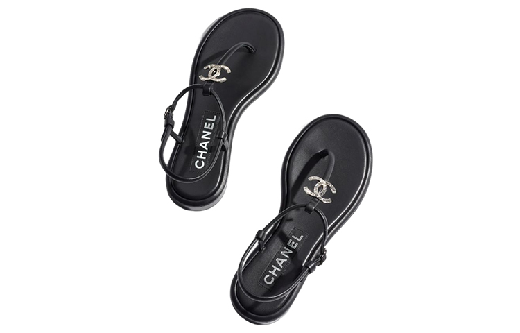 (W) Chanel CC Thong Sandals Black Lambskin 圖 4